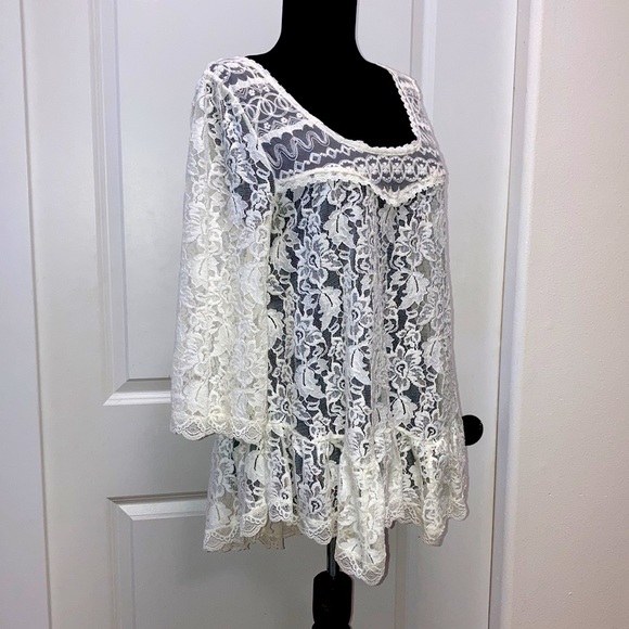 NEW FREE PEOPLE Sheer Lace White Peasant Tunic Blouse Sexy Babydoll Hi-Low Top S - Picture 7 of 13